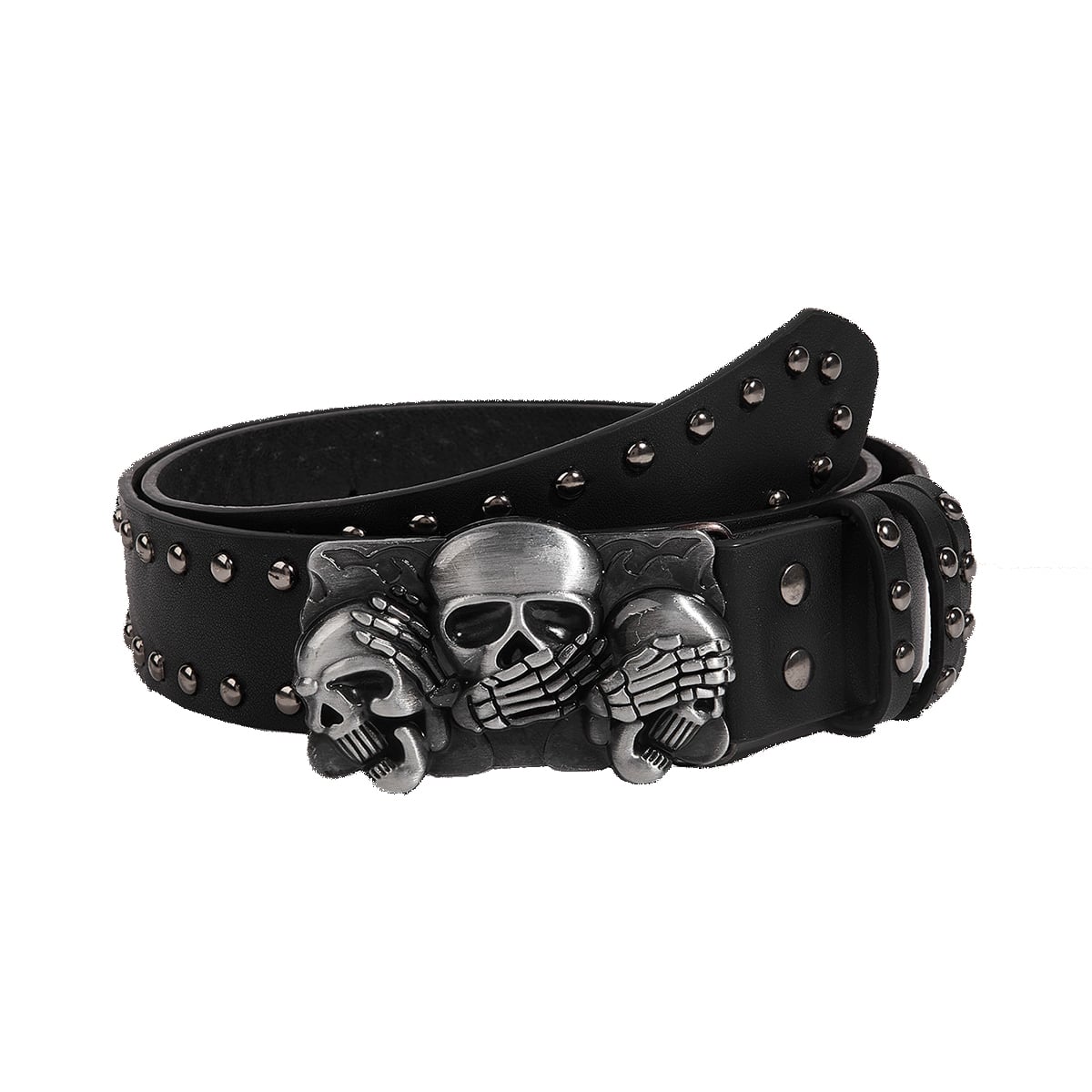 PU Studded Belt with Triple Skulls & Skeleton Hands