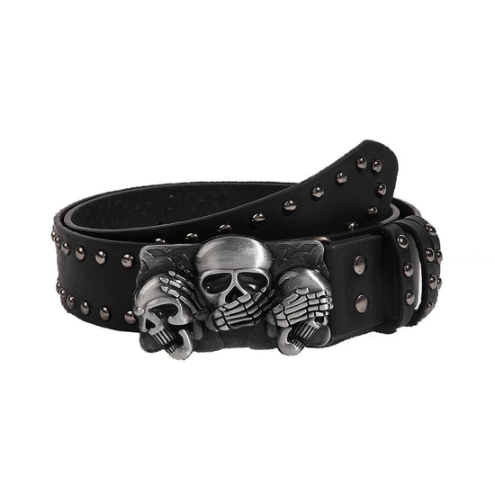 PU Studded Belt with Triple Skulls & Skeleton Hands