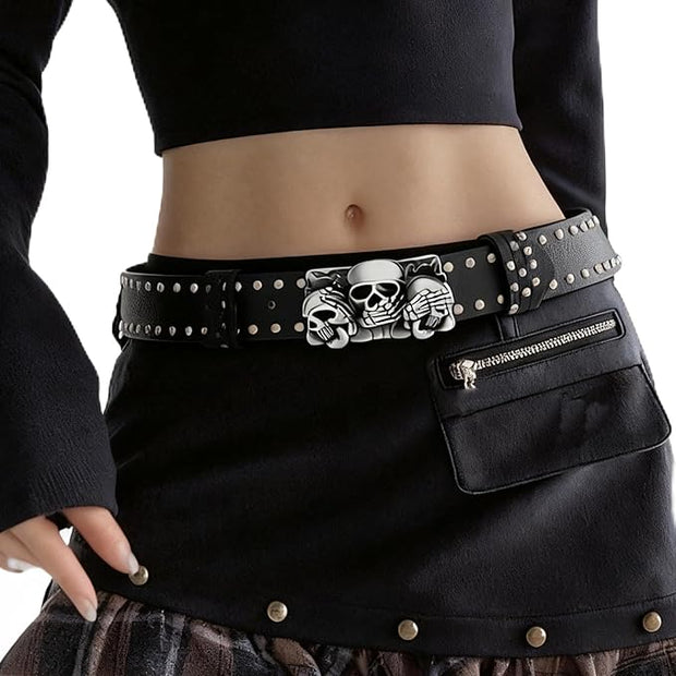 PU Studded Belt with Triple Skulls & Skeleton Hands