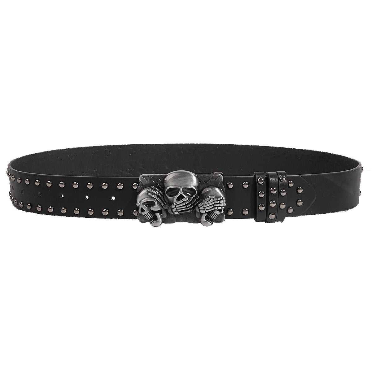 PU Studded Belt with Triple Skulls & Skeleton Hands