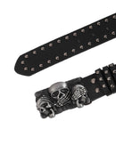 PU Studded Belt with Triple Skulls & Skeleton Hands