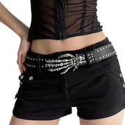 PU Studded Belt with Skelton Hand Buckle with Diamante Stone