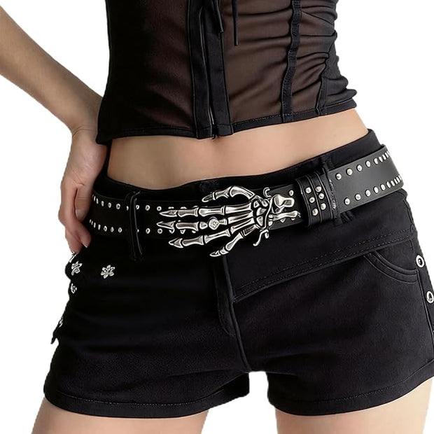 PU Studded Belt with Skelton Hand Buckle with Diamante Stone