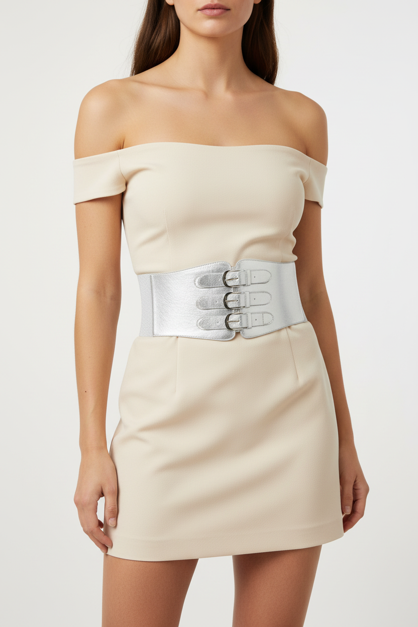 A silver elasticated PU belt with triple buckle closure.