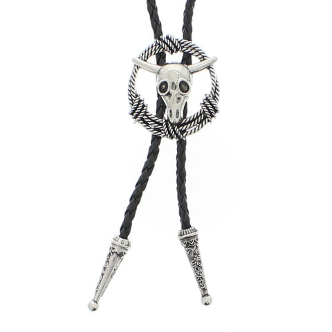 Vintage Bull Skull in Wreath Western Bolo Tie
