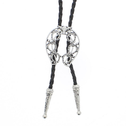 Vintage Ram Skull & Horse Shoes Western Bolo Tie