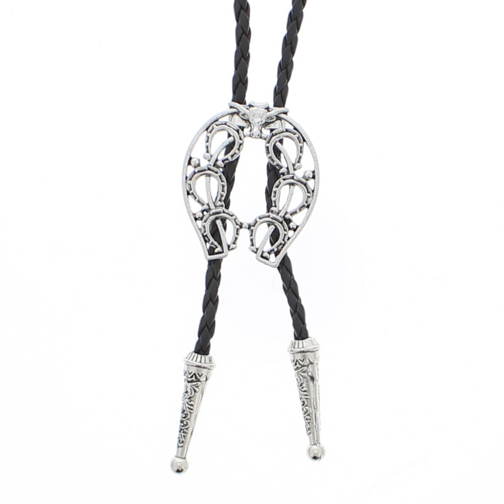 Vintage Ram Skull & Horse Shoes Western Bolo Tie