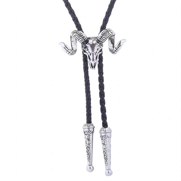 Vintage Ram Skull Pendant PU Leather Cord Western Bolo Tie