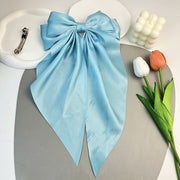 Large Satin Double Hair Bow on Barrette with Tails