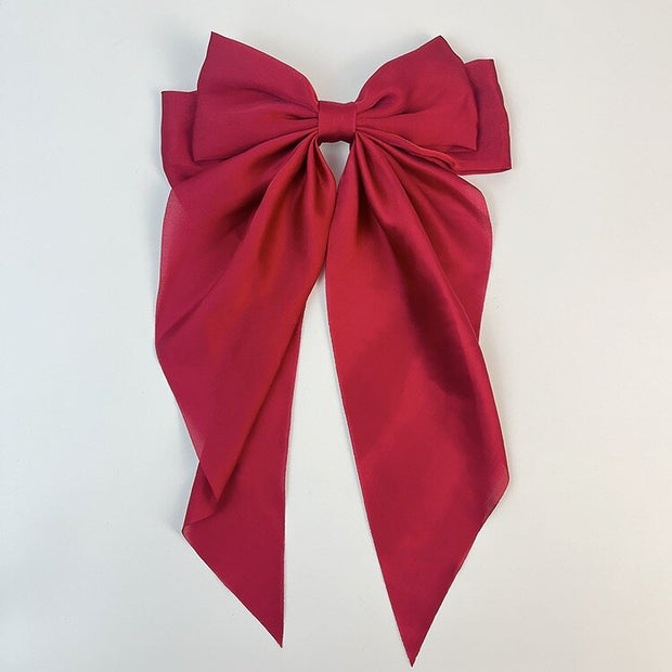 Large Satin Double Hair Bow on Barrette with Tails