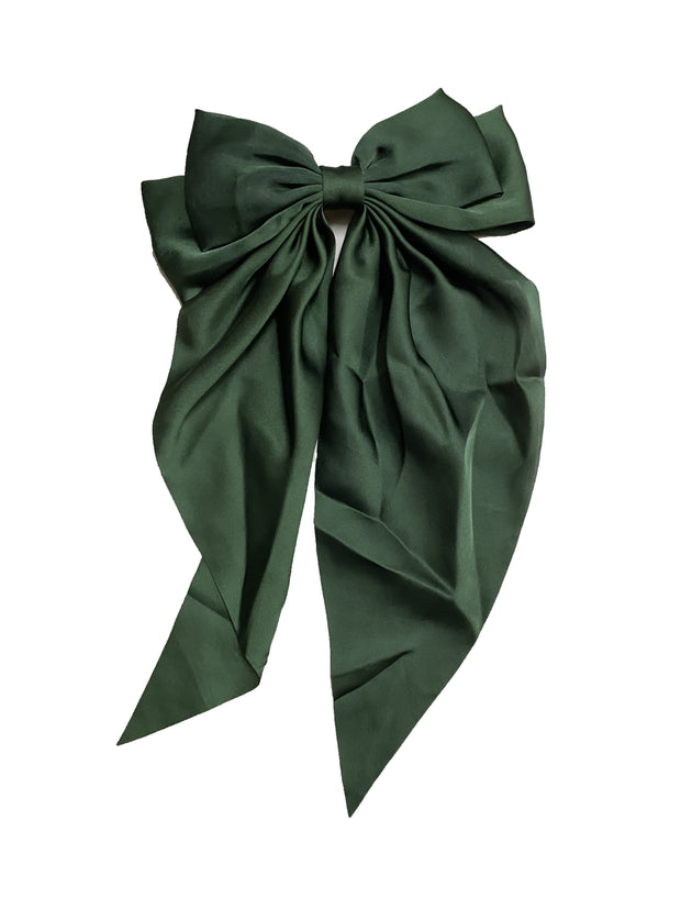 Large Satin Double Hair Bow on Barrette with Tails