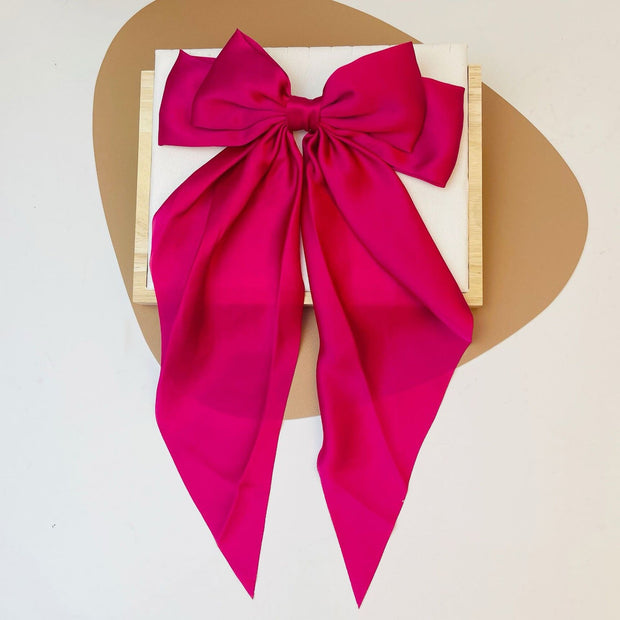 Large Satin Double Hair Bow on Barrette with Tails