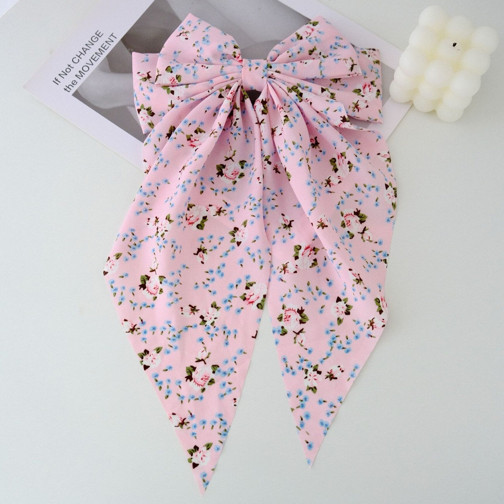 Large Floral Print Satin Double Hair Bow Barrette