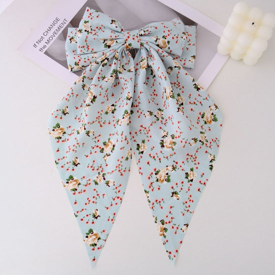 Large Floral Print Satin Double Hair Bow Barrette