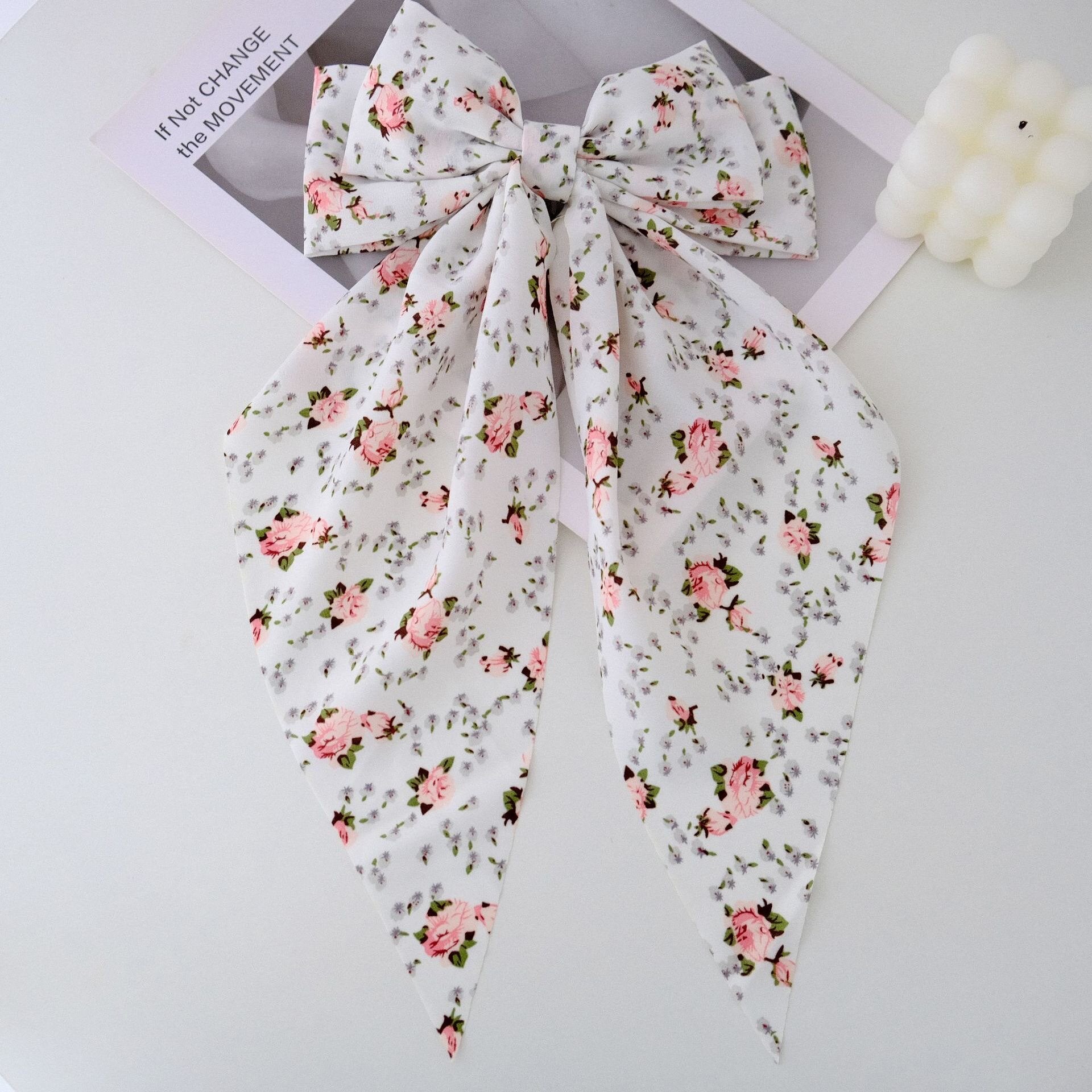 Large Floral Print Satin Double Hair Bow Barrette