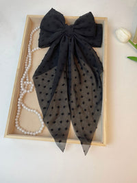 Large Patterned Lace Double Hair Bow on Barrette with Tails