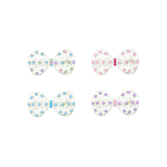 Mini Bow Barrettes Silver Filigree Hair Clips with Diamanté Stones