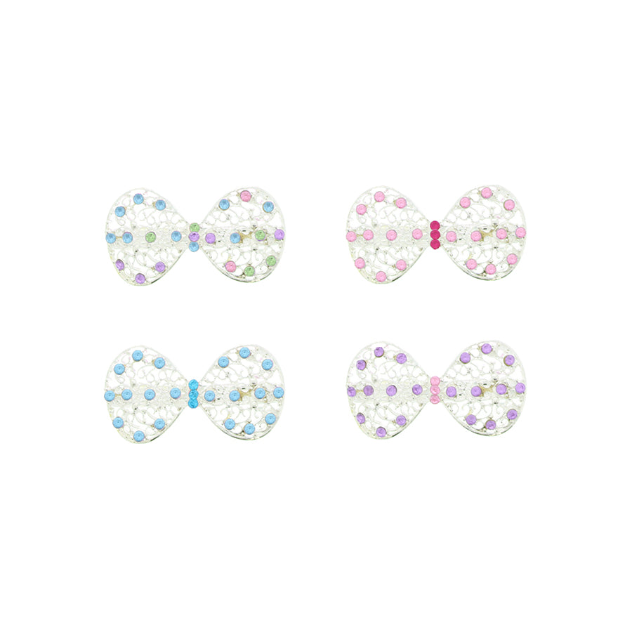 Mini Bow Barrettes Silver Filigree Hair Clips with Diamanté Stones