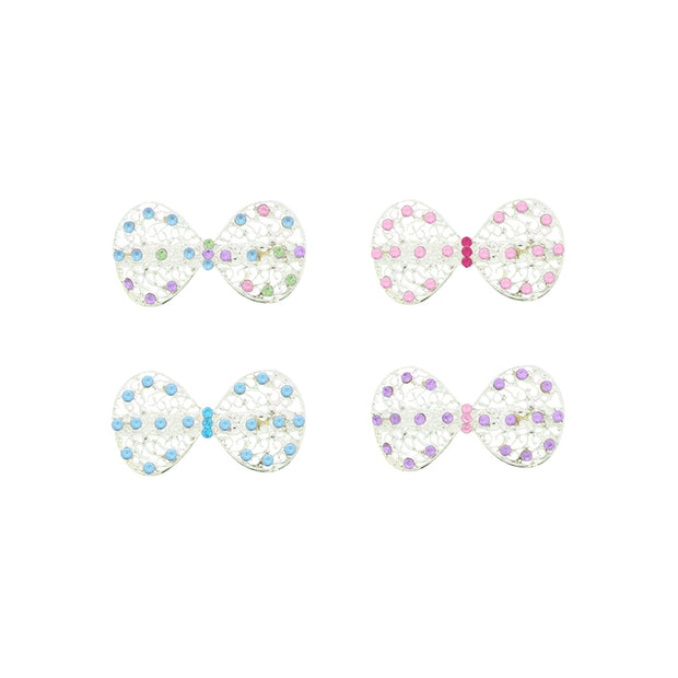 Mini Bow Barrettes Silver Filigree Hair Clips with Diamanté Stones