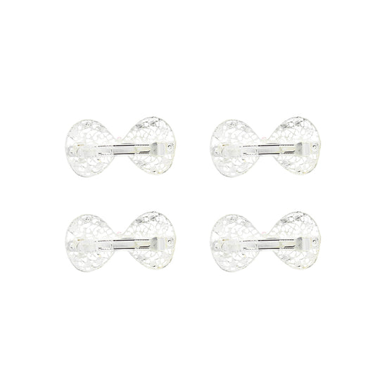 Mini Bow Barrettes Silver Filigree Hair Clips with Diamanté Stones