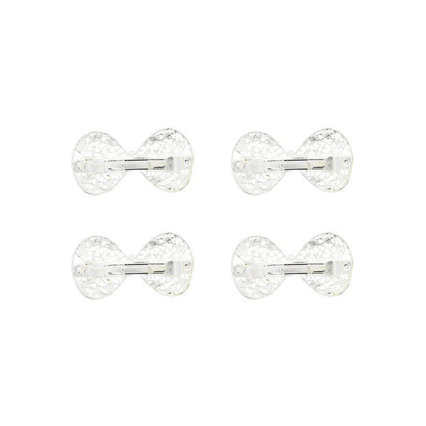 Mini Bow Barrettes Silver Filigree Hair Clips with Diamanté Stones