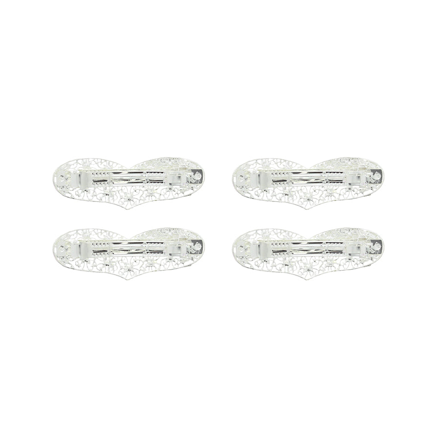 Silver Filigree Rhinestone Heart Hair Clips