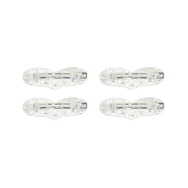 Silver Filigree Rhinestone Heart Hair Clips
