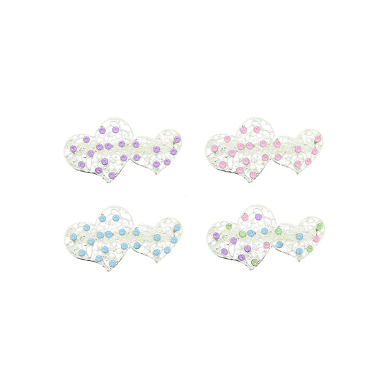 Silver Tone Diamante Double Heart Barrettes  Hair Clips