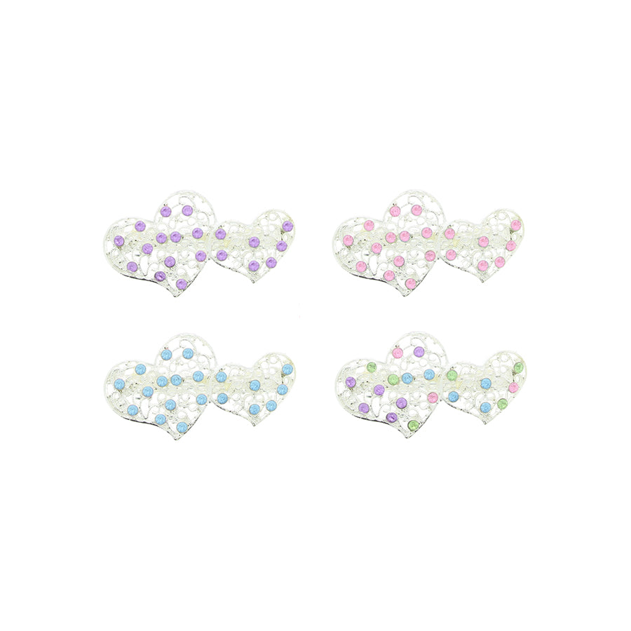 Silver Tone Diamante Double Heart Barrettes  Hair Clips