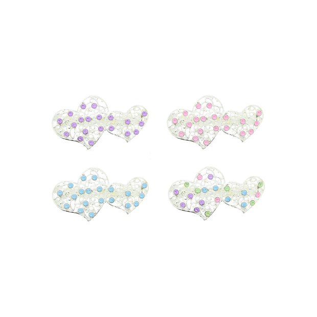 Silver Tone Diamante Double Heart Barrettes  Hair Clips