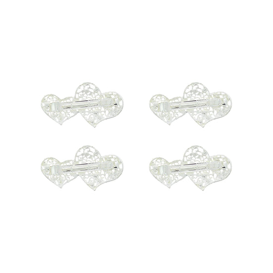 Silver Tone Diamante Double Heart Barrettes  Hair Clips