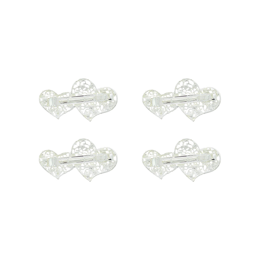 Silver Tone Diamante Double Heart Barrettes  Hair Clips