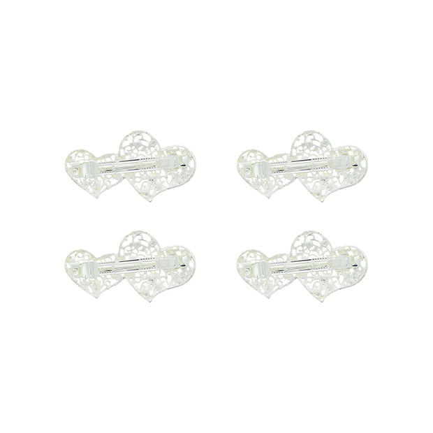 Silver Tone Diamante Double Heart Barrettes  Hair Clips