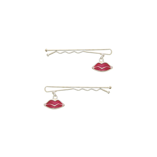 Pair of Red Lips Silver Hair Grips