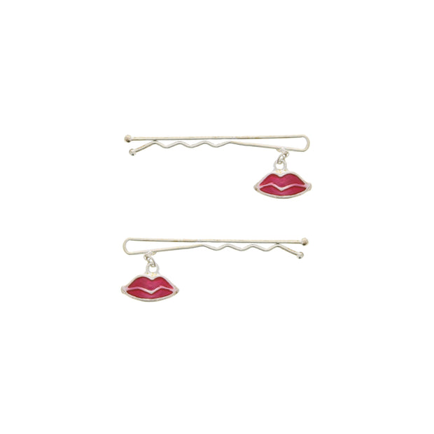 Pair of Red Lips Silver Hair Grips