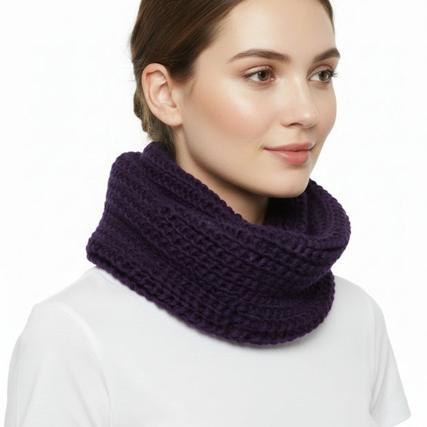 A purple knitted women's loop scarf displayed on a white background.