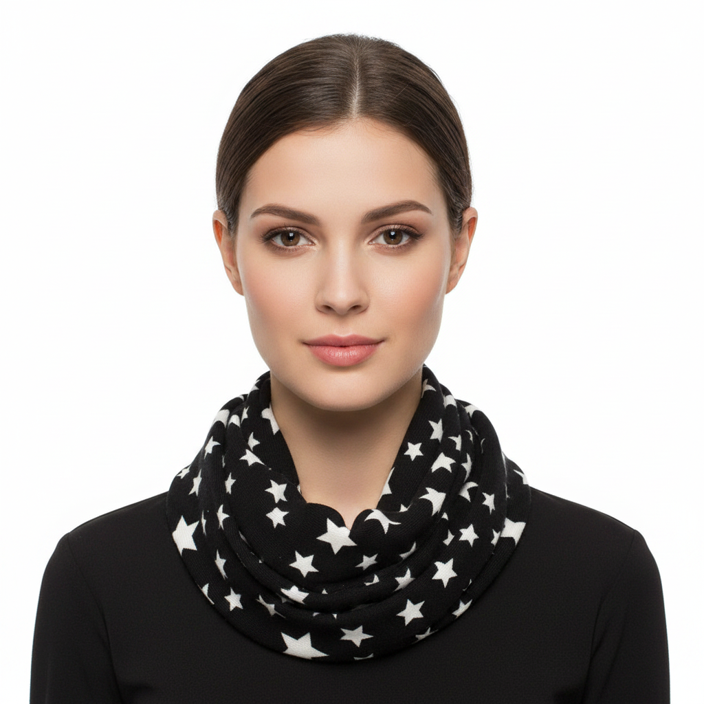 Black and white star-patterned infinity scarf on a white background
