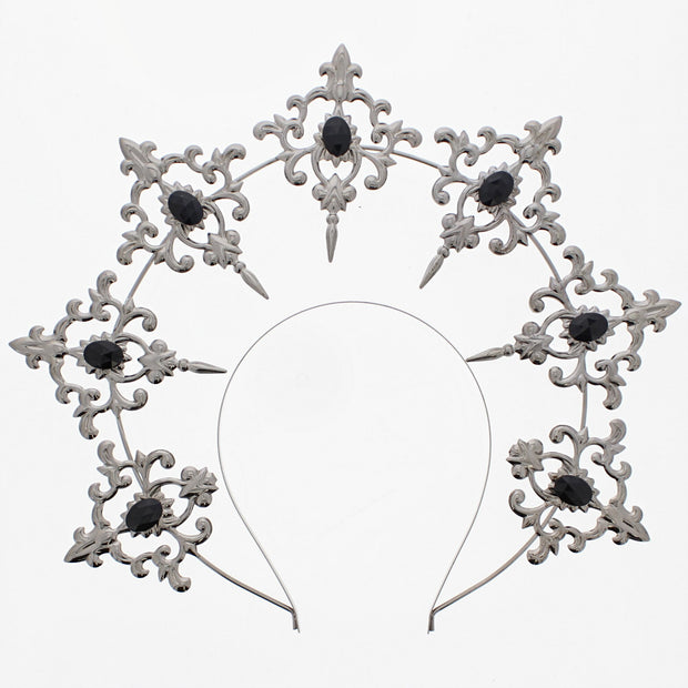 Silver Goth Ornament Headband with Black Stones