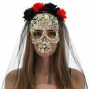 Black & Red Glitter Rose Headband with Large Skull Print Veil