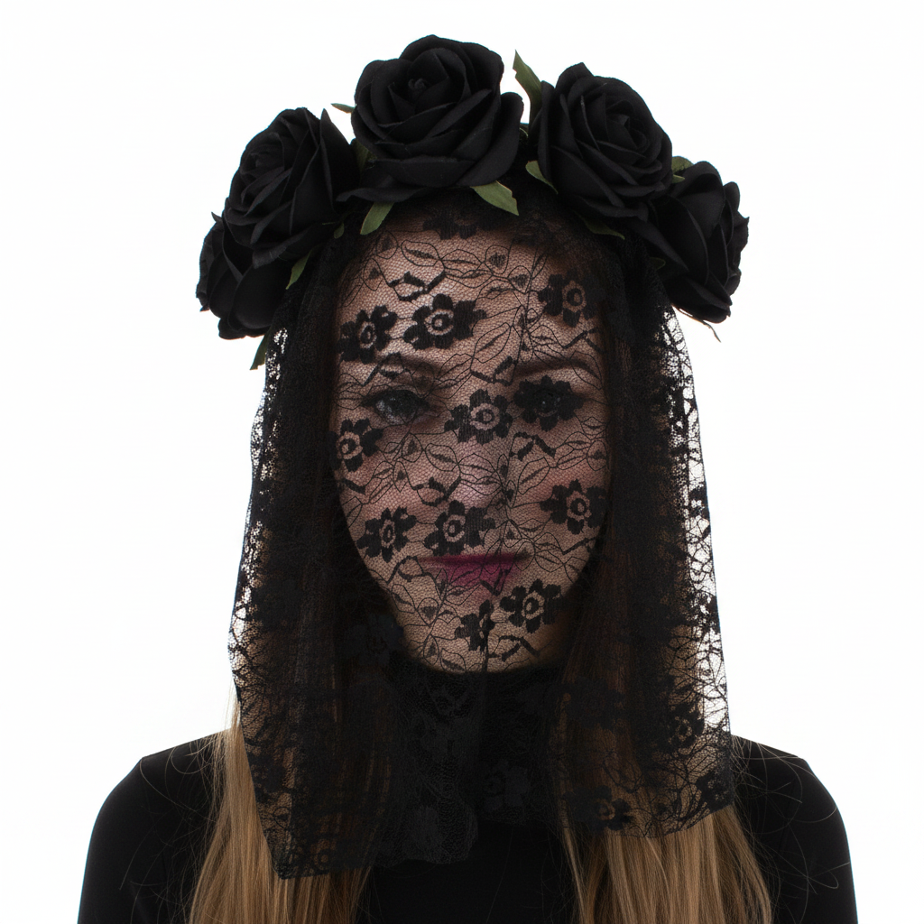 Rose Headband with Flower Patterned Lace Veil