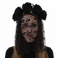 Rose Headband with Flower Patterned Lace Veil