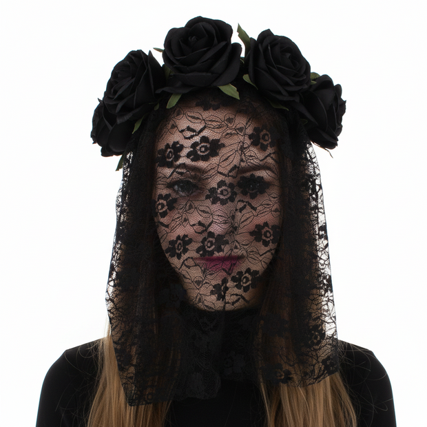 Rose Headband with Flower Patterned Lace Veil
