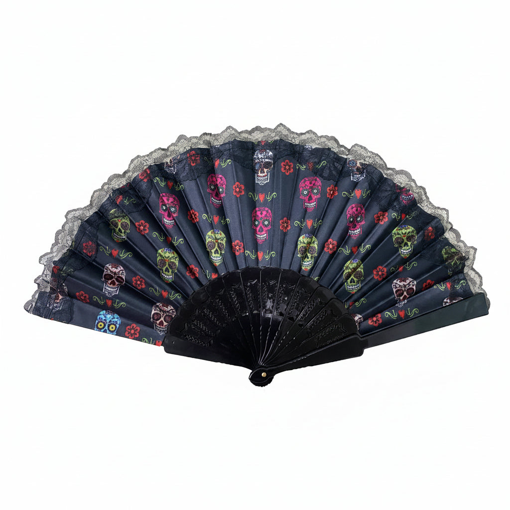 A black lace fan with a Day of the Dead skull and floral pattern.