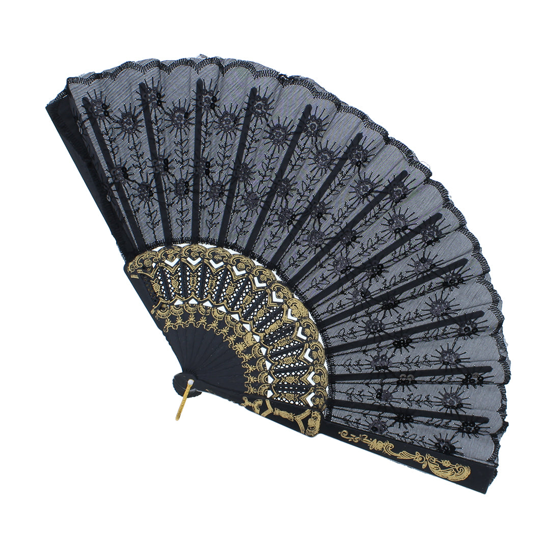 Plastic Black Gold Floral Sequined Hand Fan