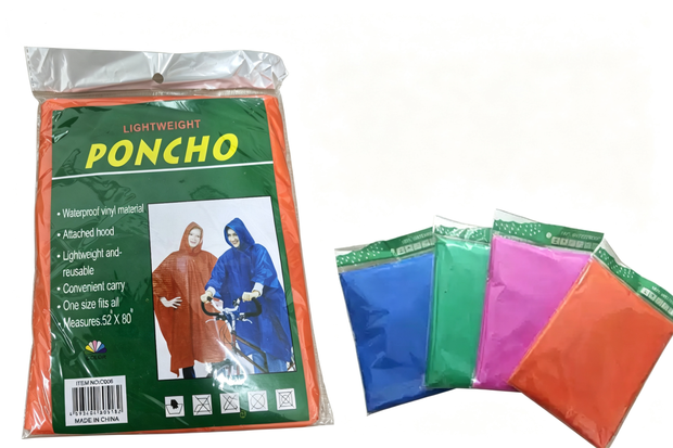 Assorted Waterproof Vinyl Hooded Reusable Lightweight Poncho