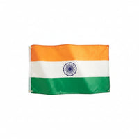 An India flag with brass eyelets, featuring vertical stripes of orange, white, and green with the national emblem in white on the orange stripe.