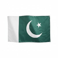 A 5 x 3 feet Pakistan flag with brass eyelets, predominantly green with a white crescent moon and a star.