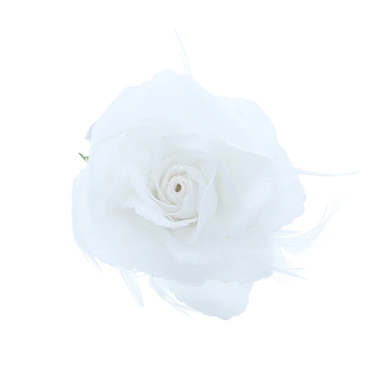 Fabric White Rose Glitter Feather Hair Clip Barrette