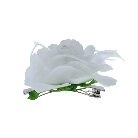 Fabric White Rose Glitter Feather Hair Clip Barrette