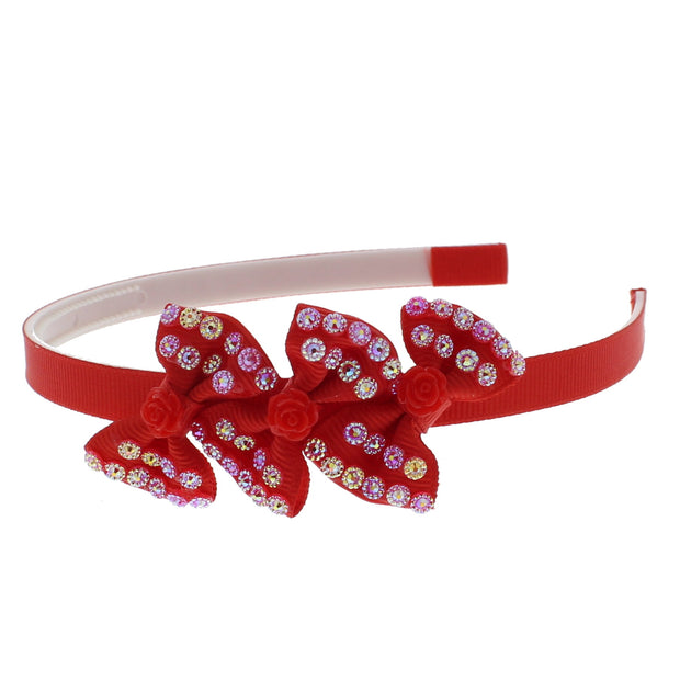 Red Thin Satin Covered Alicebands with Three Crystal Stones Bows